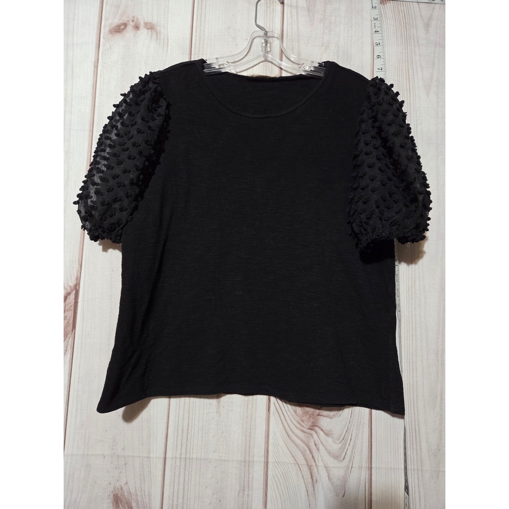 Black Puff Sheer Sleeve Shirt Ladies Medium Textured Elegant  Short Sleeve‎